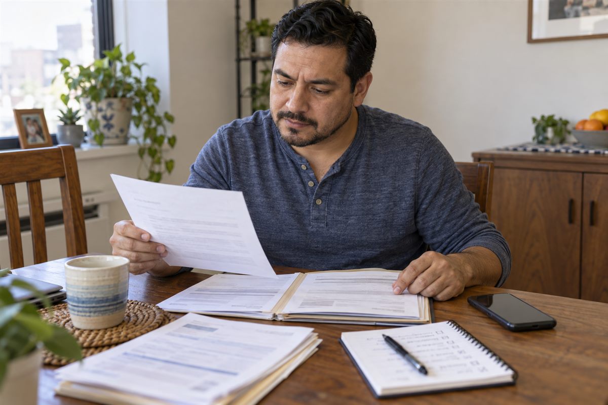 Un hombre organiza una carta del seguro y documentos médicos para preparar una apelación en Nueva Jersey