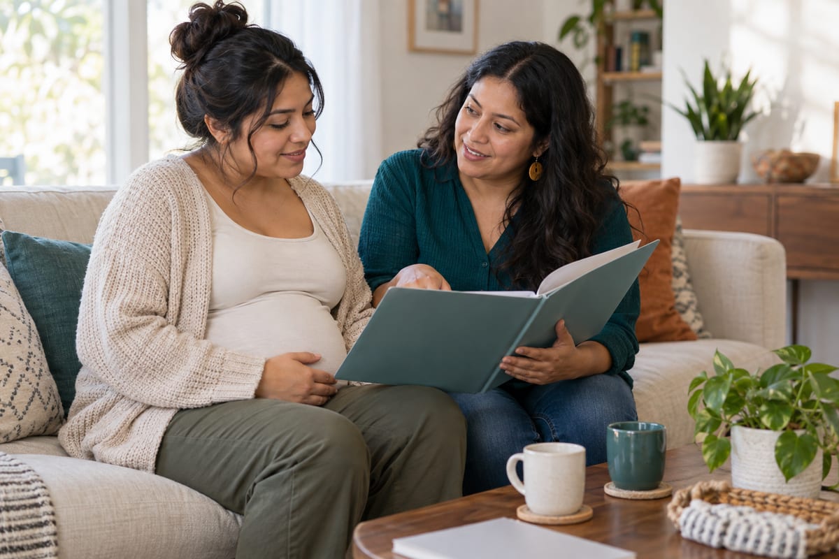 Una mujer embarazada conversa con una doula mientras revisan juntas una carpeta en casa