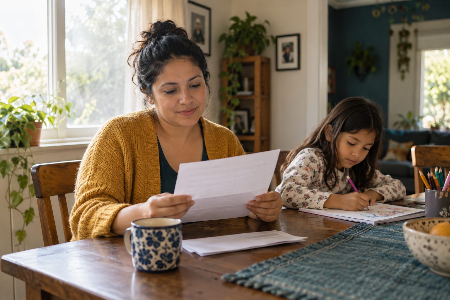 Una madre revisa una carta de cobertura junto a su hija