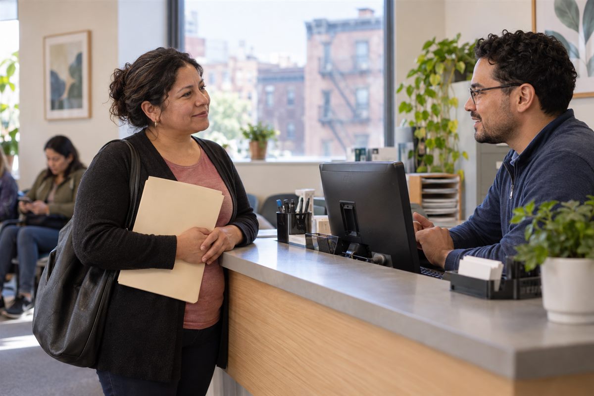 Una residente consulta con un coordinador en la recepción de una clínica de Nueva York