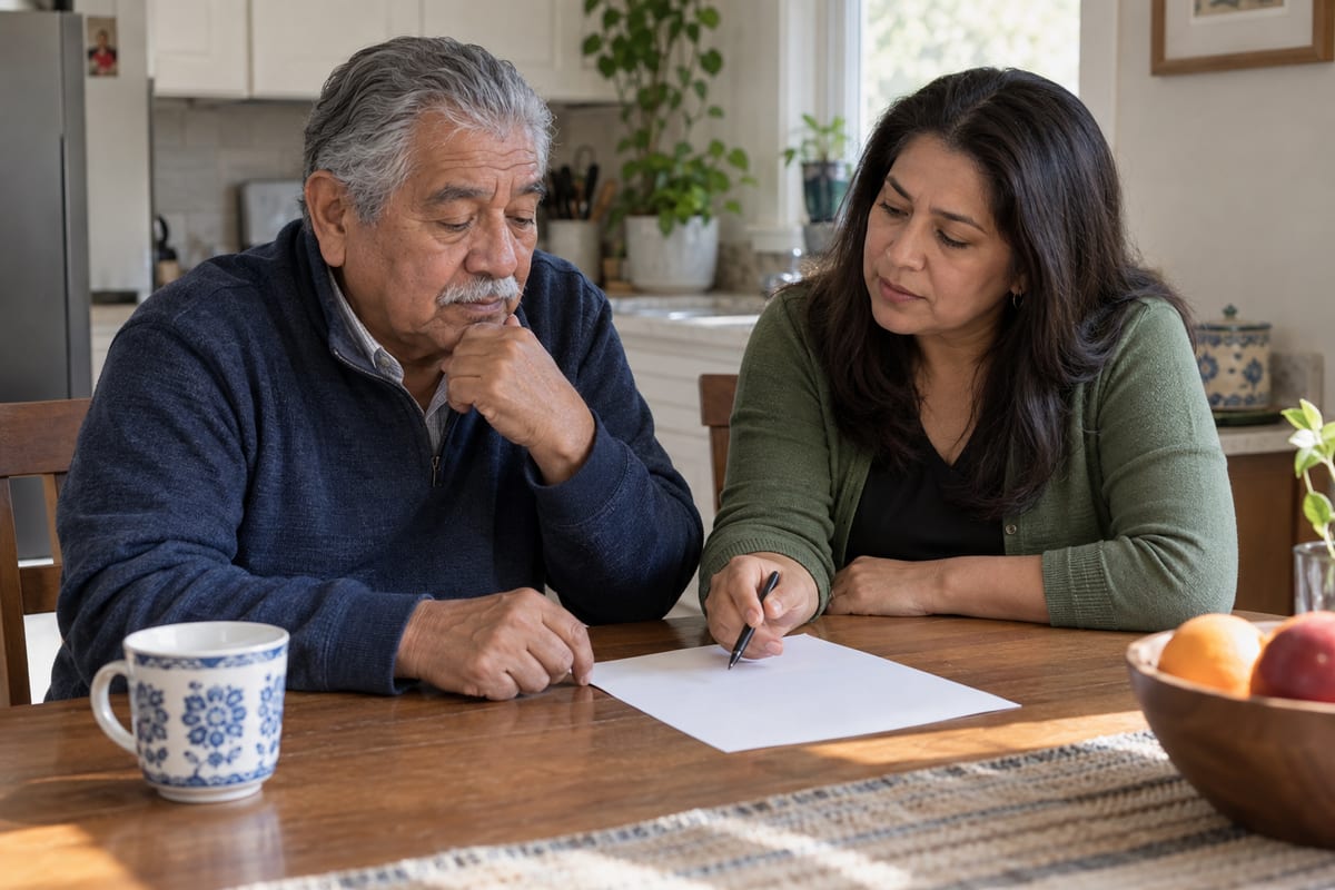 Un adulto mayor conversa con su hija mientras revisan un documento en la mesa de una cocina